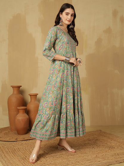 Women Cotton Printed Ankle Length Round Neck Tiered Kurta