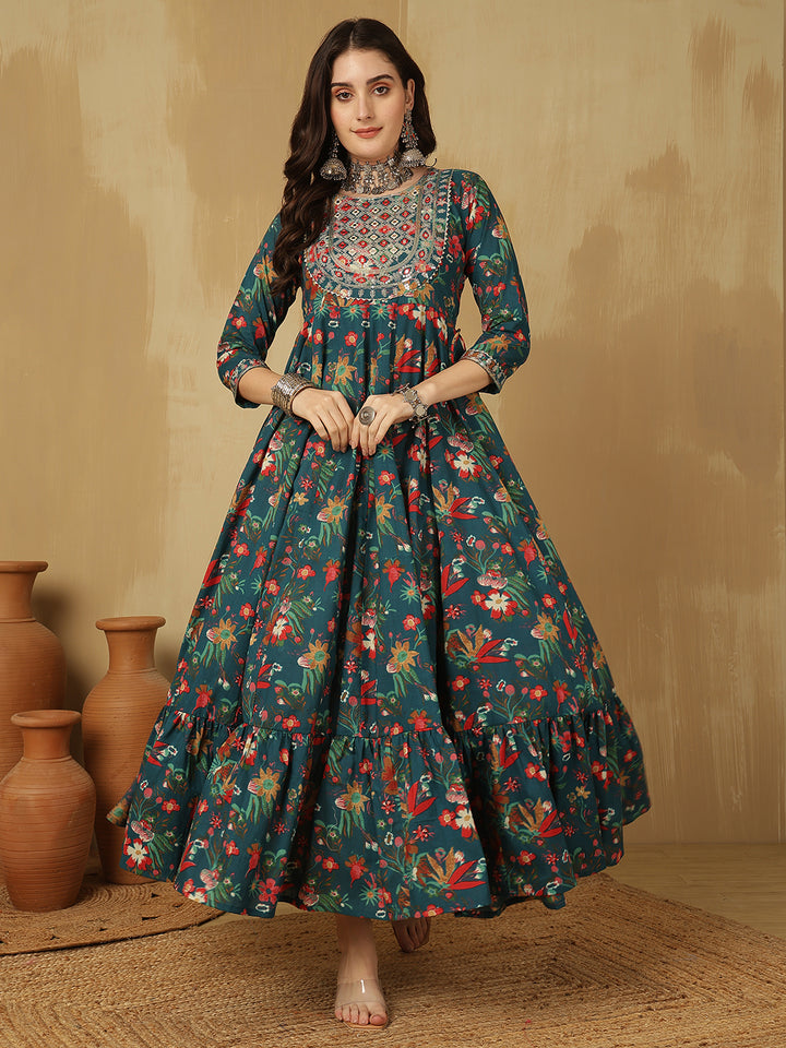 Women Embroidered Cotton Printed Ankle Length Round Neck Tiered Kurta
