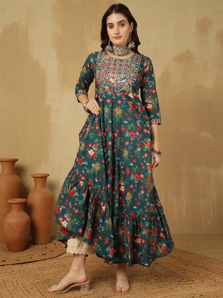 Women Embroidered Cotton Printed Ankle Length Round Neck Tiered Kurta