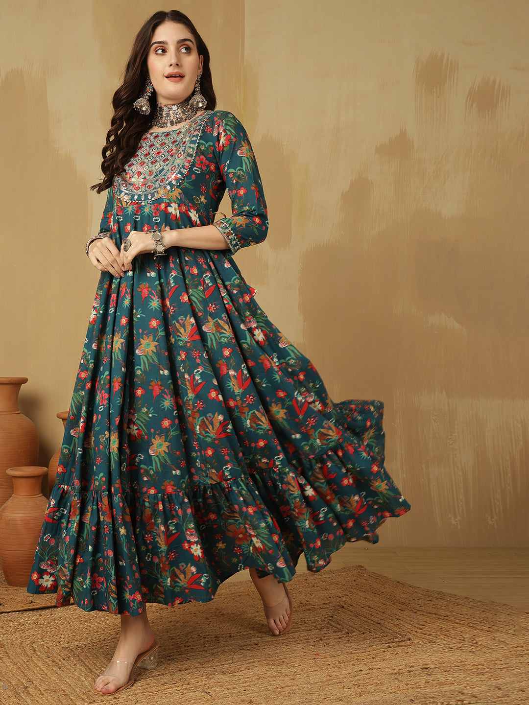 Women Embroidered Cotton Printed Ankle Length Round Neck Tiered Kurta