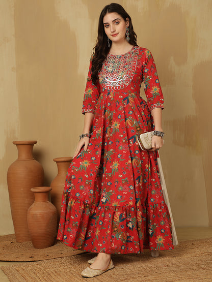 Women Embroidered Cotton Printed Ankle Length Round Neck Tiered Kurta