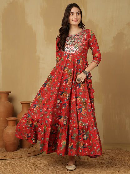 Women Embroidered Cotton Printed Ankle Length Round Neck Tiered Kurta