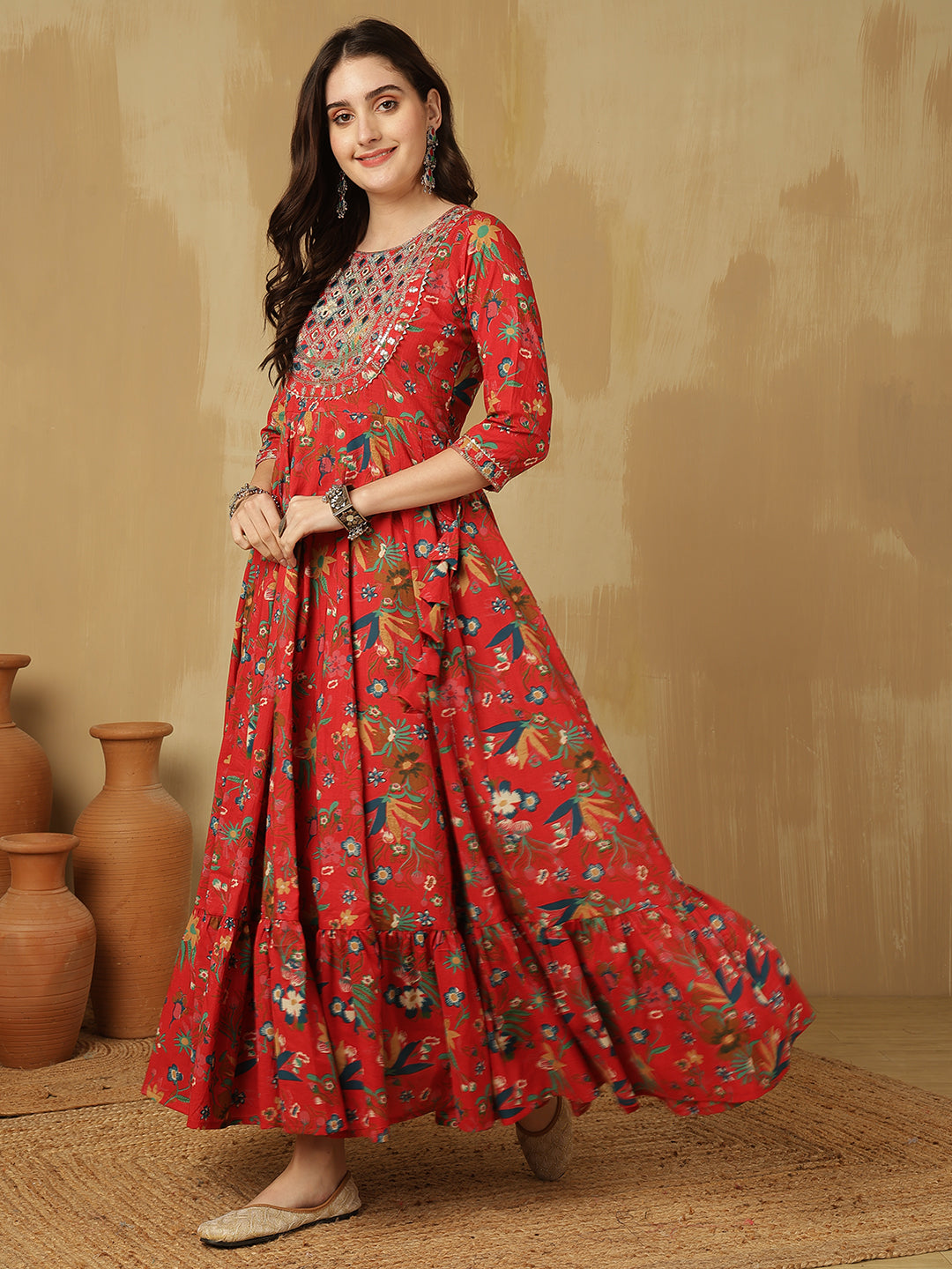 Women Embroidered Cotton Printed Ankle Length Round Neck Tiered Kurta