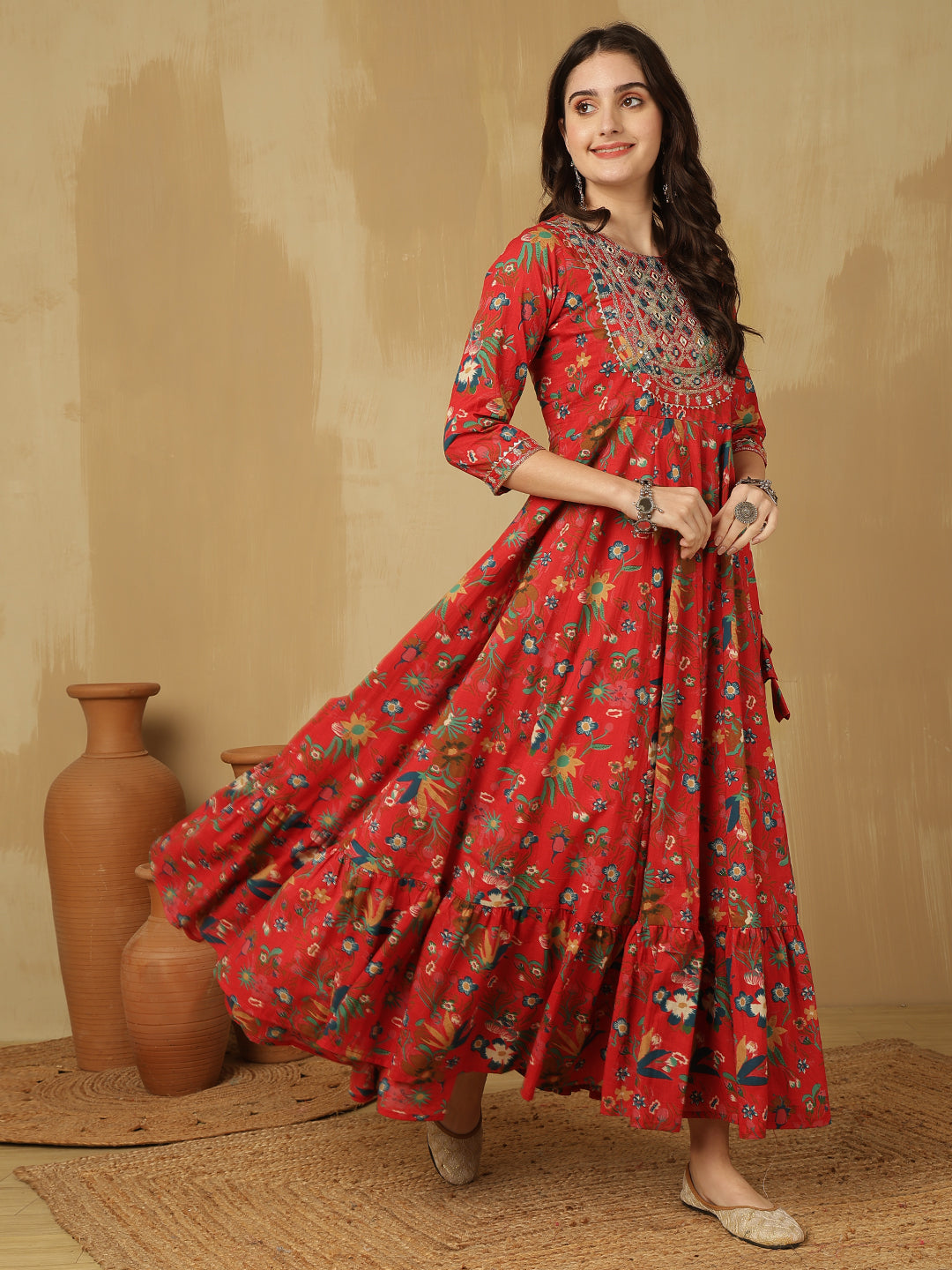 Women Embroidered Cotton Printed Ankle Length Round Neck Tiered Kurta