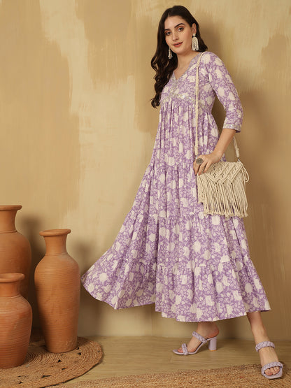 Women Embroidered Cotton Printed Ankle Length V-Neck Tiered Kurta