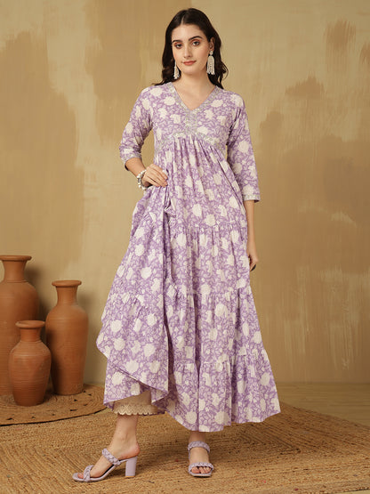 Women Embroidered Cotton Printed Ankle Length V-Neck Tiered Kurta