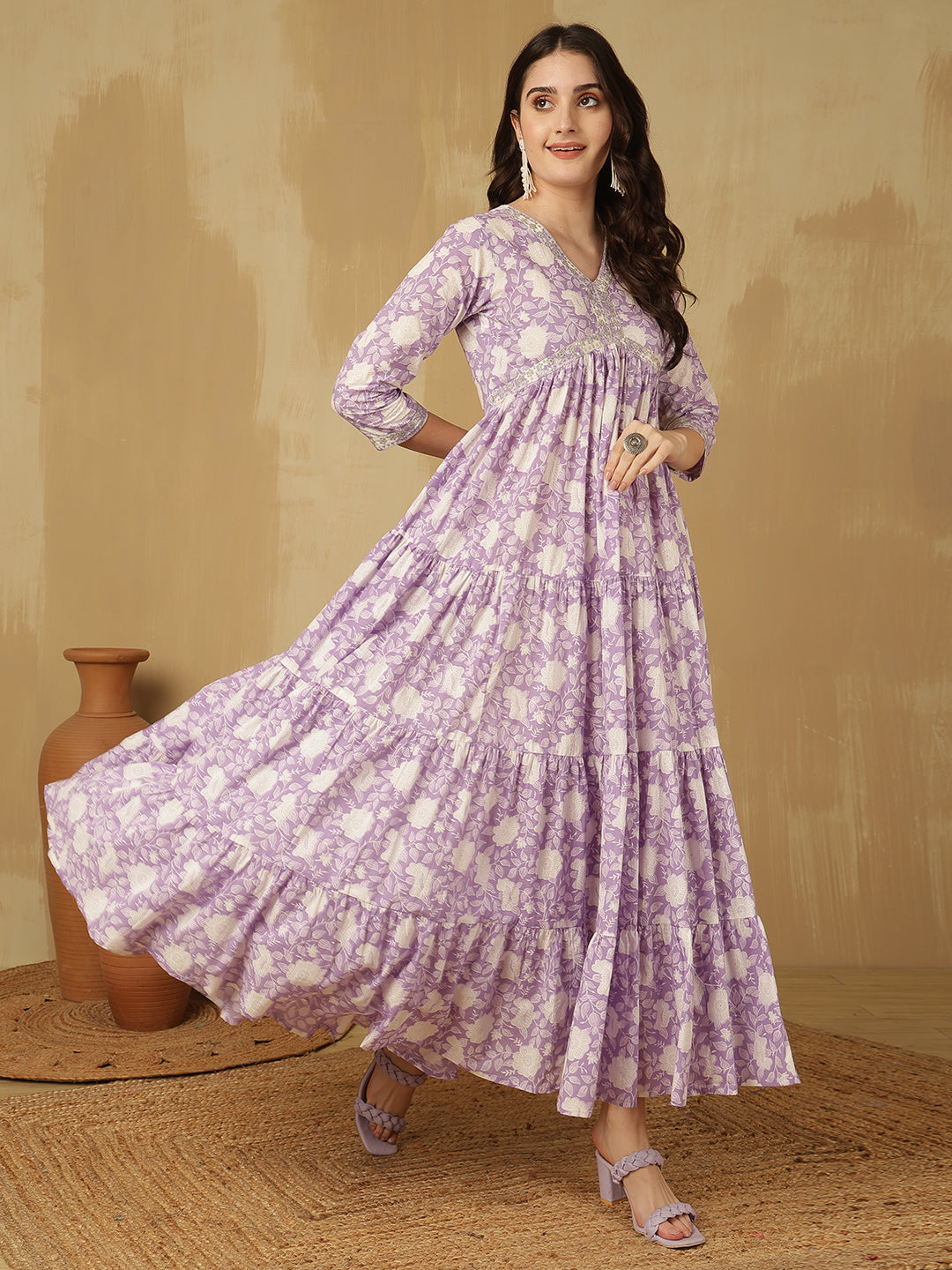 Women Embroidered Cotton Printed Ankle Length V-Neck Tiered Kurta