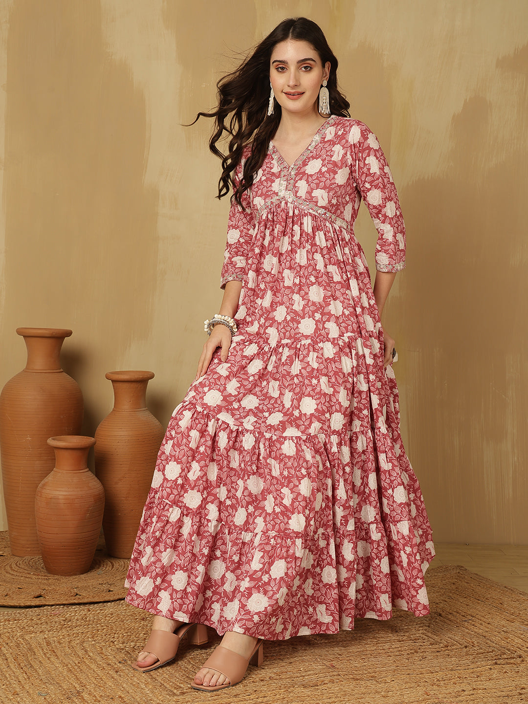 Women Embroidered Cotton Printed Ankle Length V-Neck Tiered Kurta