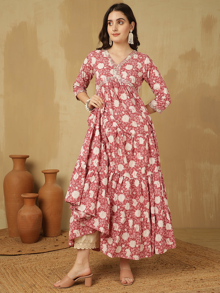 Women Embroidered Cotton Printed Ankle Length V-Neck Tiered Kurta