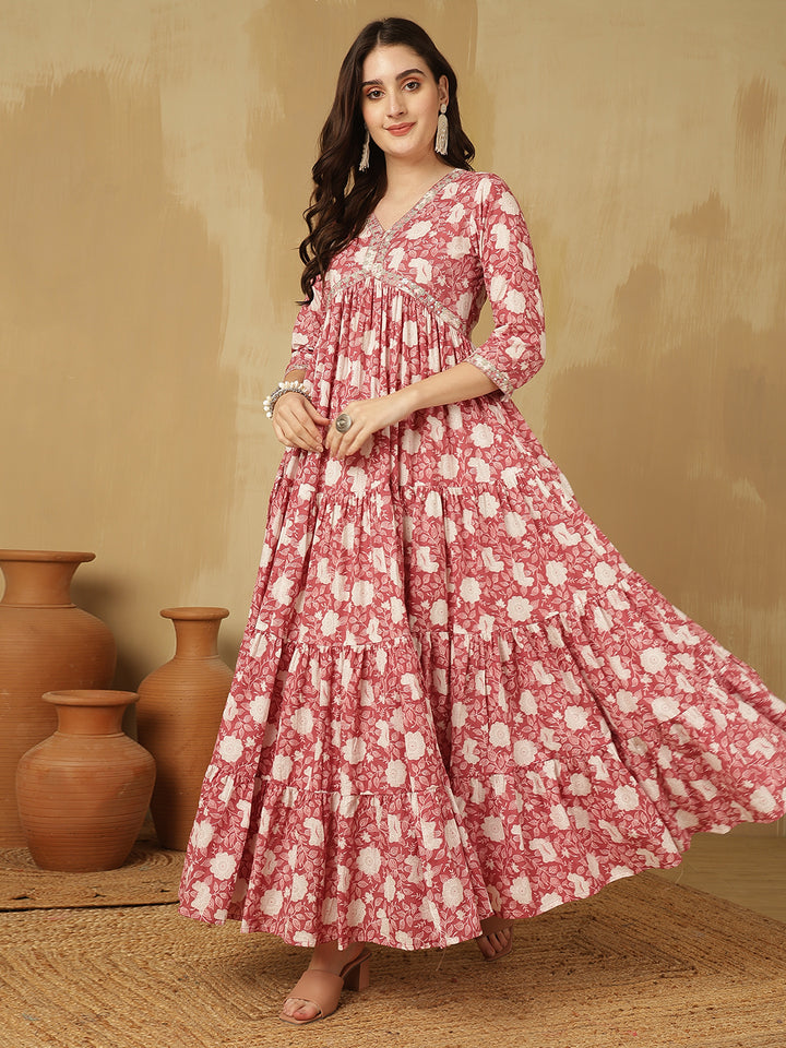 Women Embroidered Cotton Printed Ankle Length V-Neck Tiered Kurta