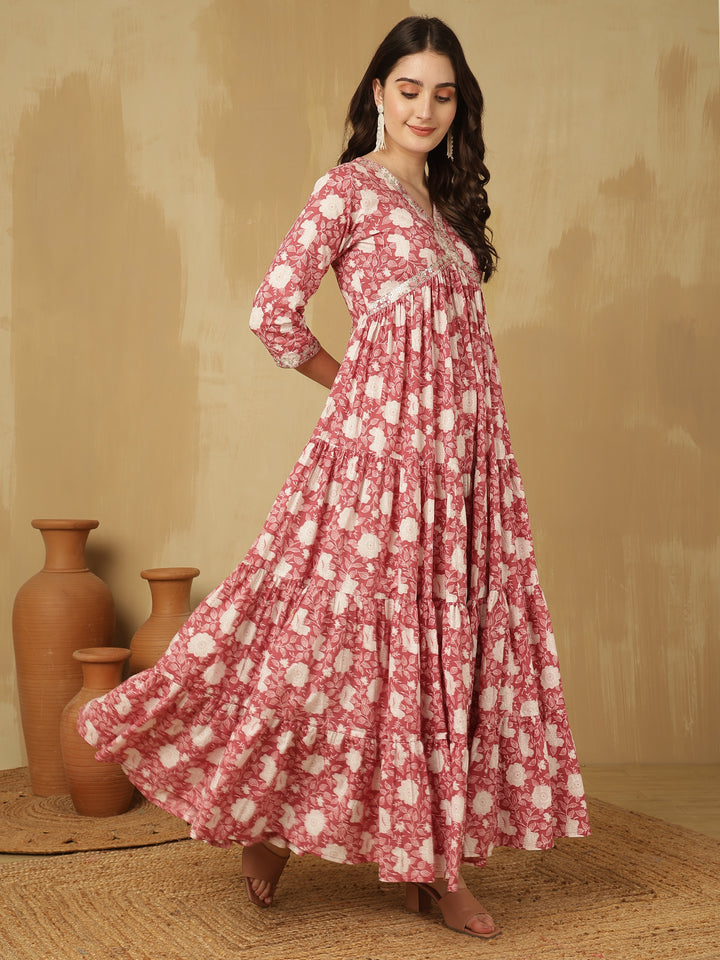 Women Embroidered Cotton Printed Ankle Length V-Neck Tiered Kurta