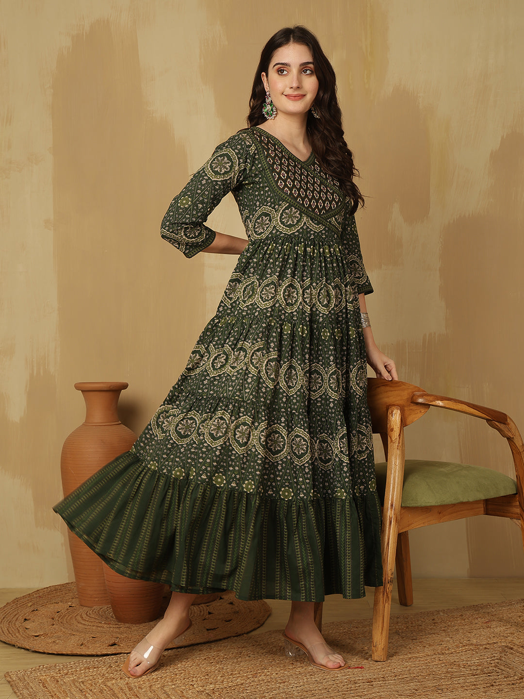 Women Cotton Printed Ankle Length V-Neck Tiered Kurta