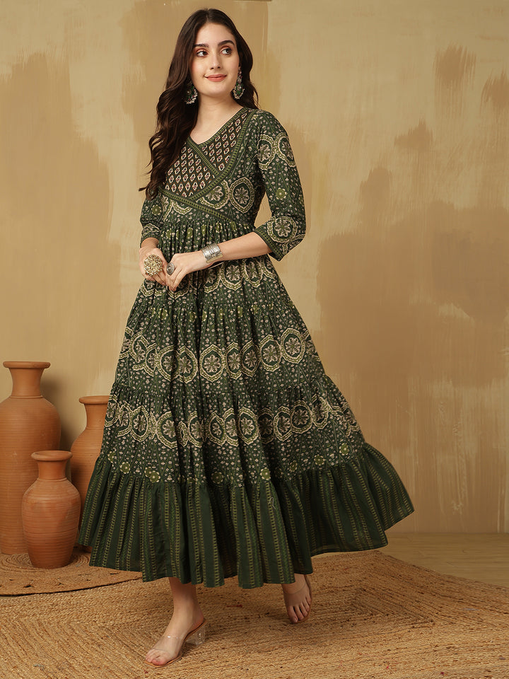 Women Cotton Printed Ankle Length V-Neck Tiered Kurta
