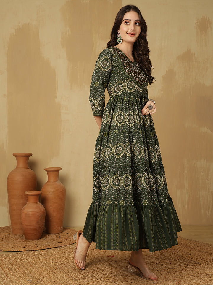Women Cotton Printed Ankle Length V-Neck Tiered Kurta