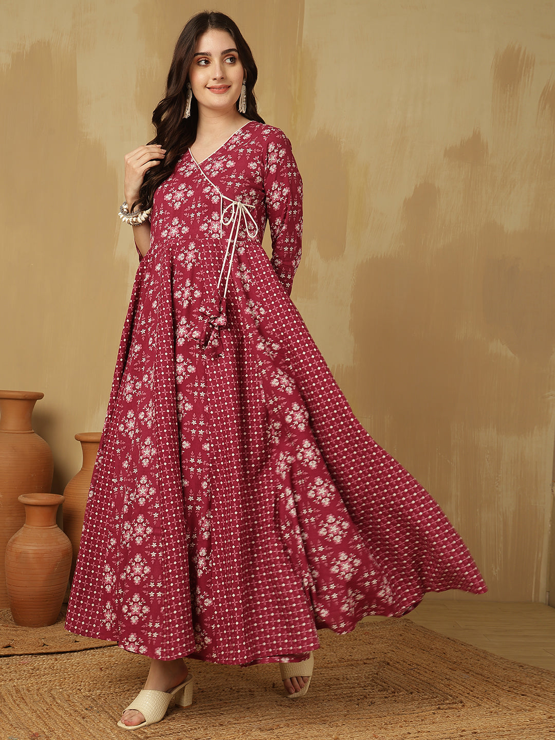 Women Cotton Printed Ankle Length V-Neck Anarkali Kurta