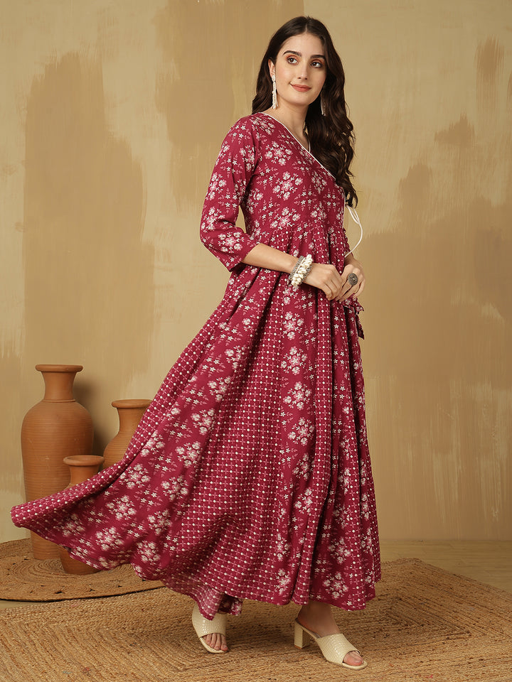 Women Cotton Printed Ankle Length V-Neck Anarkali Kurta