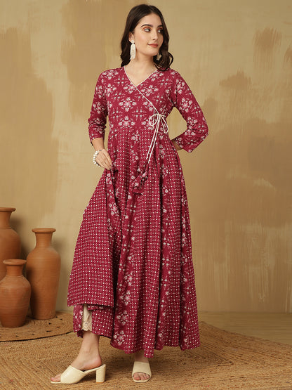 Women Cotton Printed Ankle Length V-Neck Anarkali Kurta