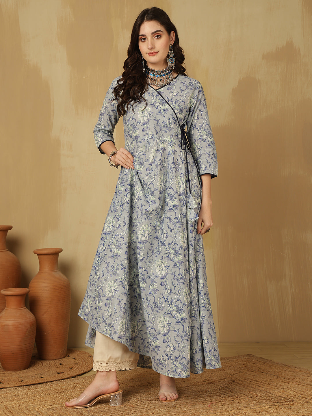 Women Cotton Printed Ankle Length V-Neck Anarkali Kurta