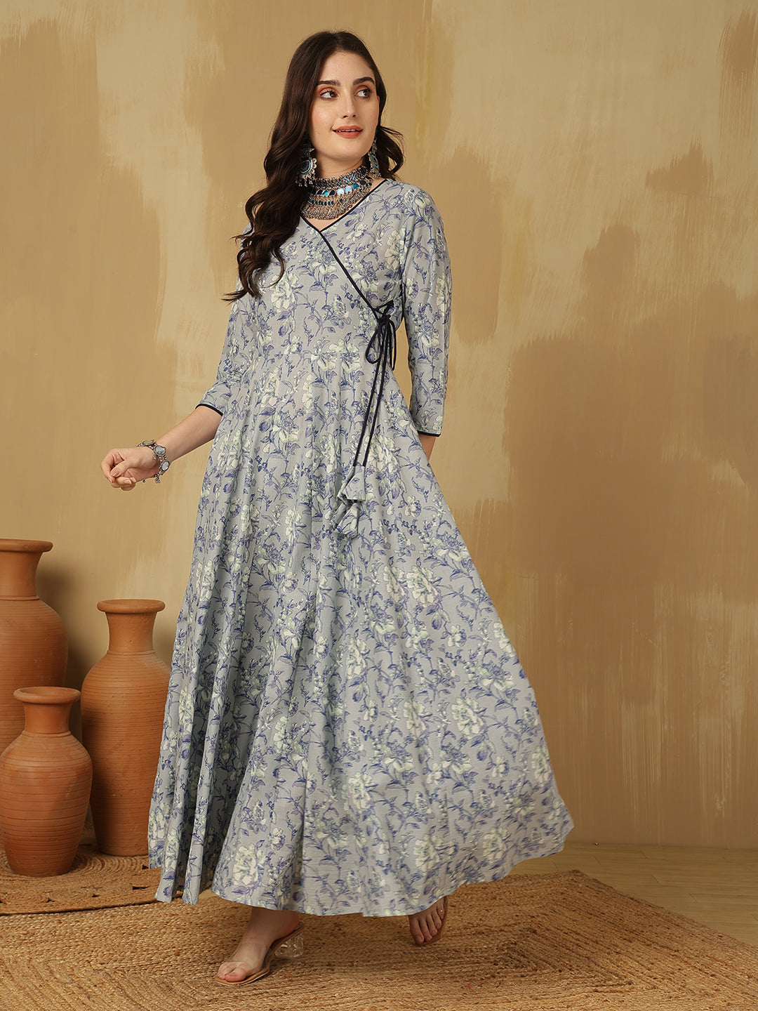 Women Cotton Printed Ankle Length V-Neck Anarkali Kurta