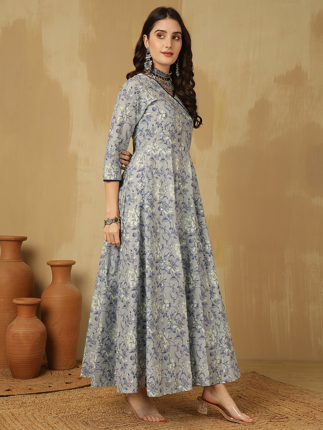 Women Cotton Printed Ankle Length V-Neck Anarkali Kurta