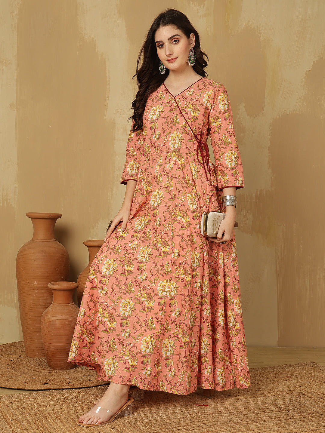 Women Cotton Printed Ankle Length V-Neck Anarkali Kurta