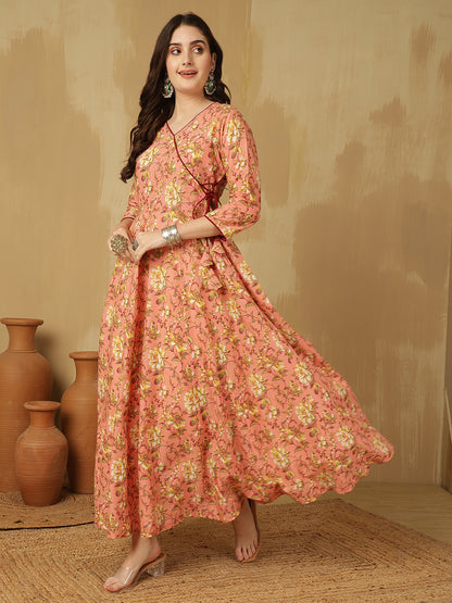 Women Cotton Printed Ankle Length V-Neck Anarkali Kurta