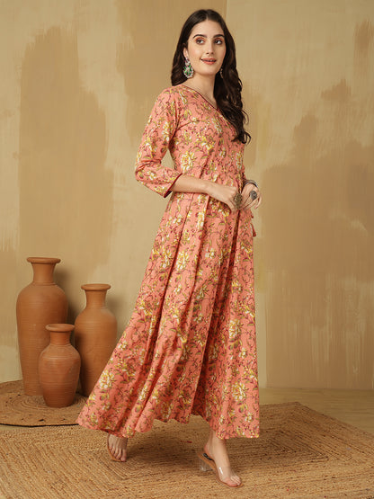 Women Cotton Printed Ankle Length V-Neck Anarkali Kurta