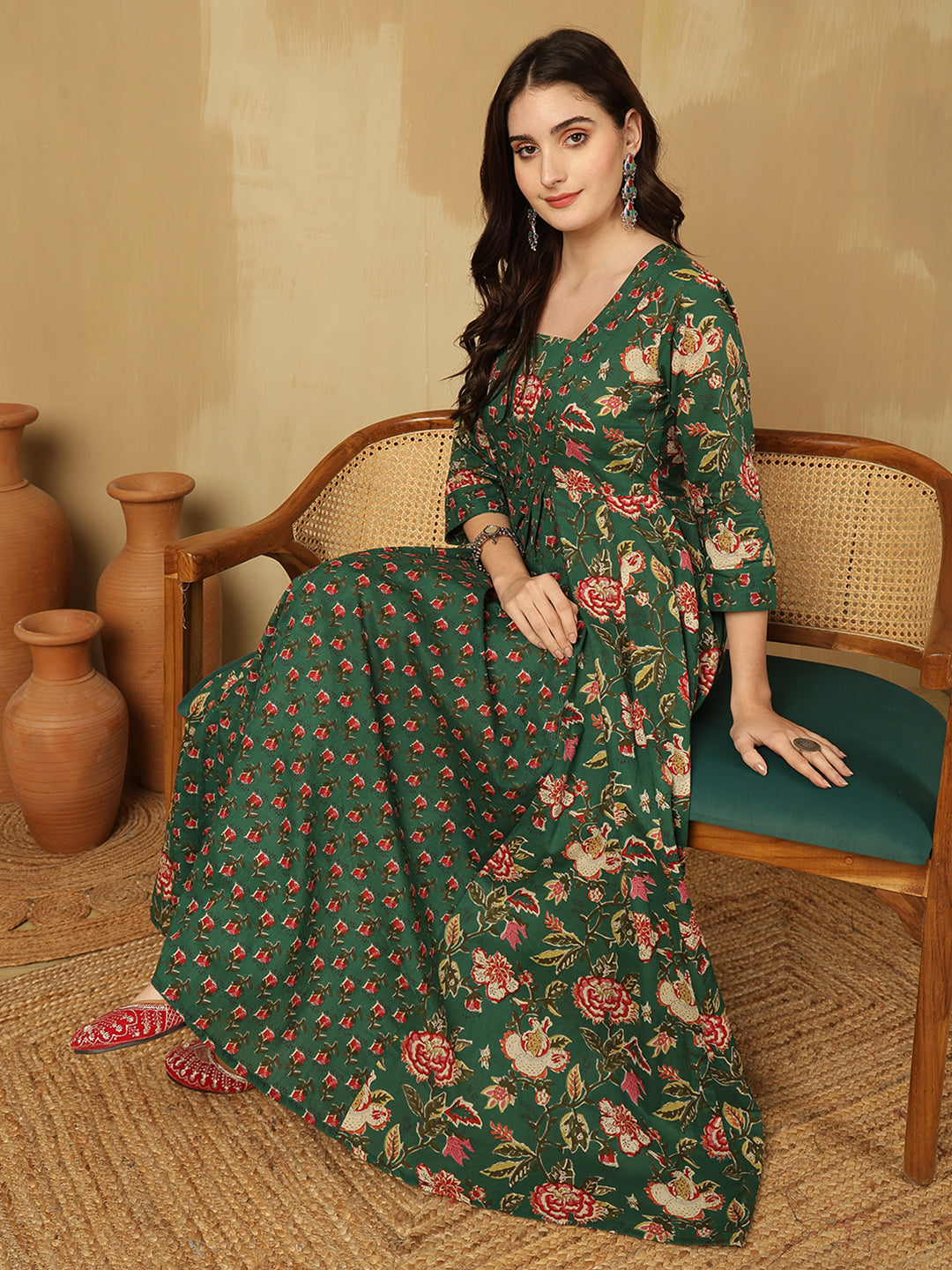 Women Cotton Printed Ankle Length V-Neck Anarkali Kurta