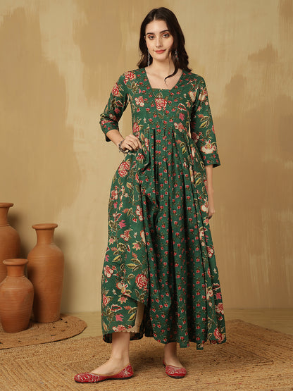 Women Cotton Printed Ankle Length V-Neck Anarkali Kurta