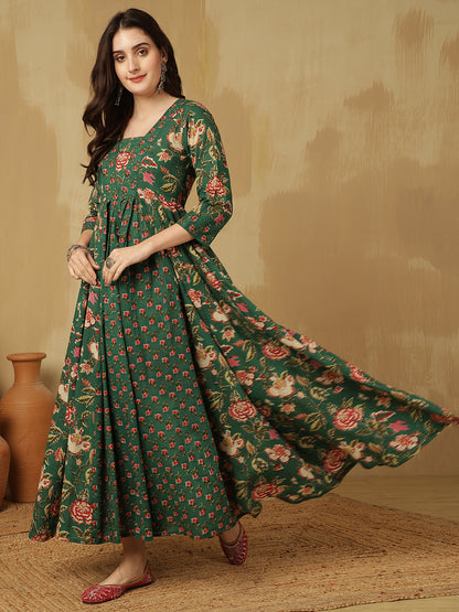 Women Cotton Printed Ankle Length V-Neck Anarkali Kurta