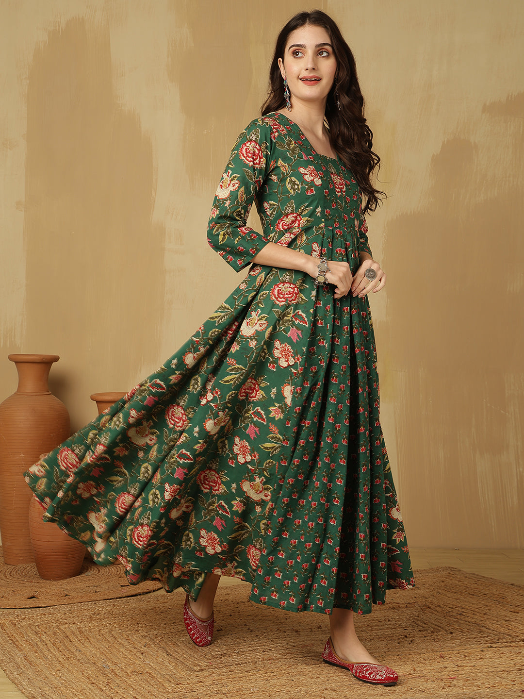Women Cotton Printed Ankle Length V-Neck Anarkali Kurta
