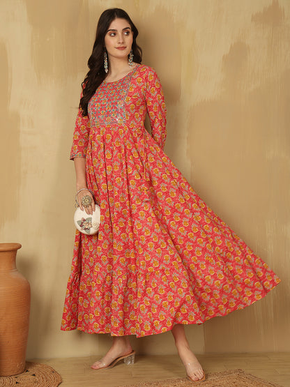 Women Embroidered Cotton Printed Ankle Length Round Neck Tiered Kurta