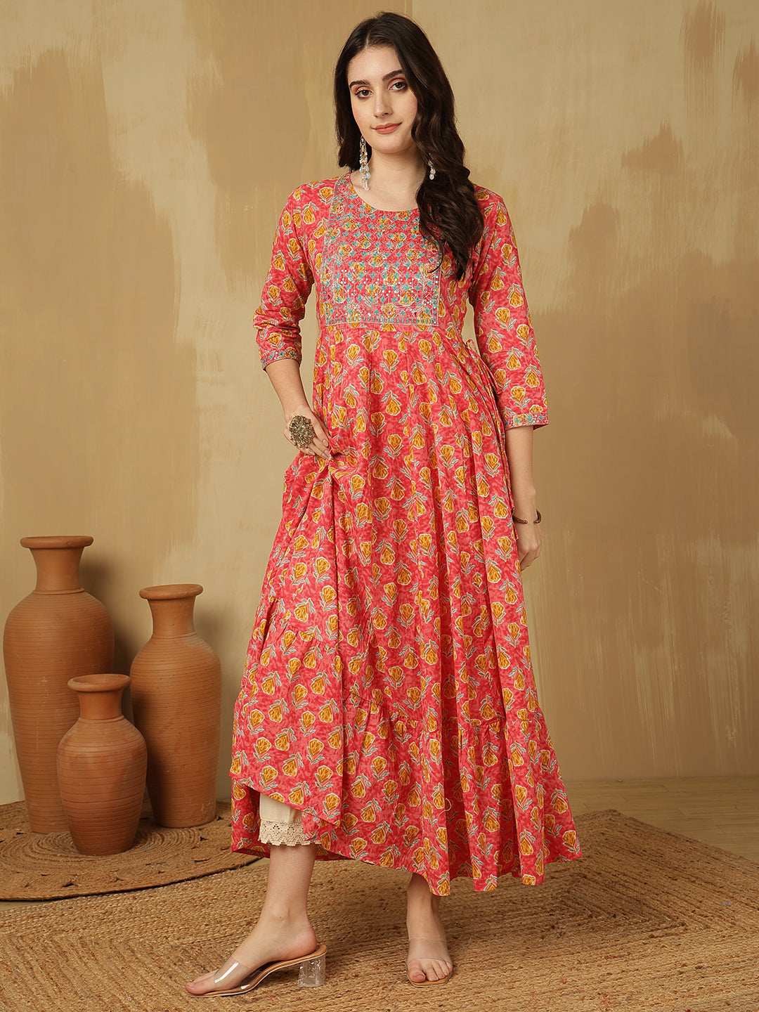 Women Embroidered Cotton Printed Ankle Length Round Neck Tiered Kurta