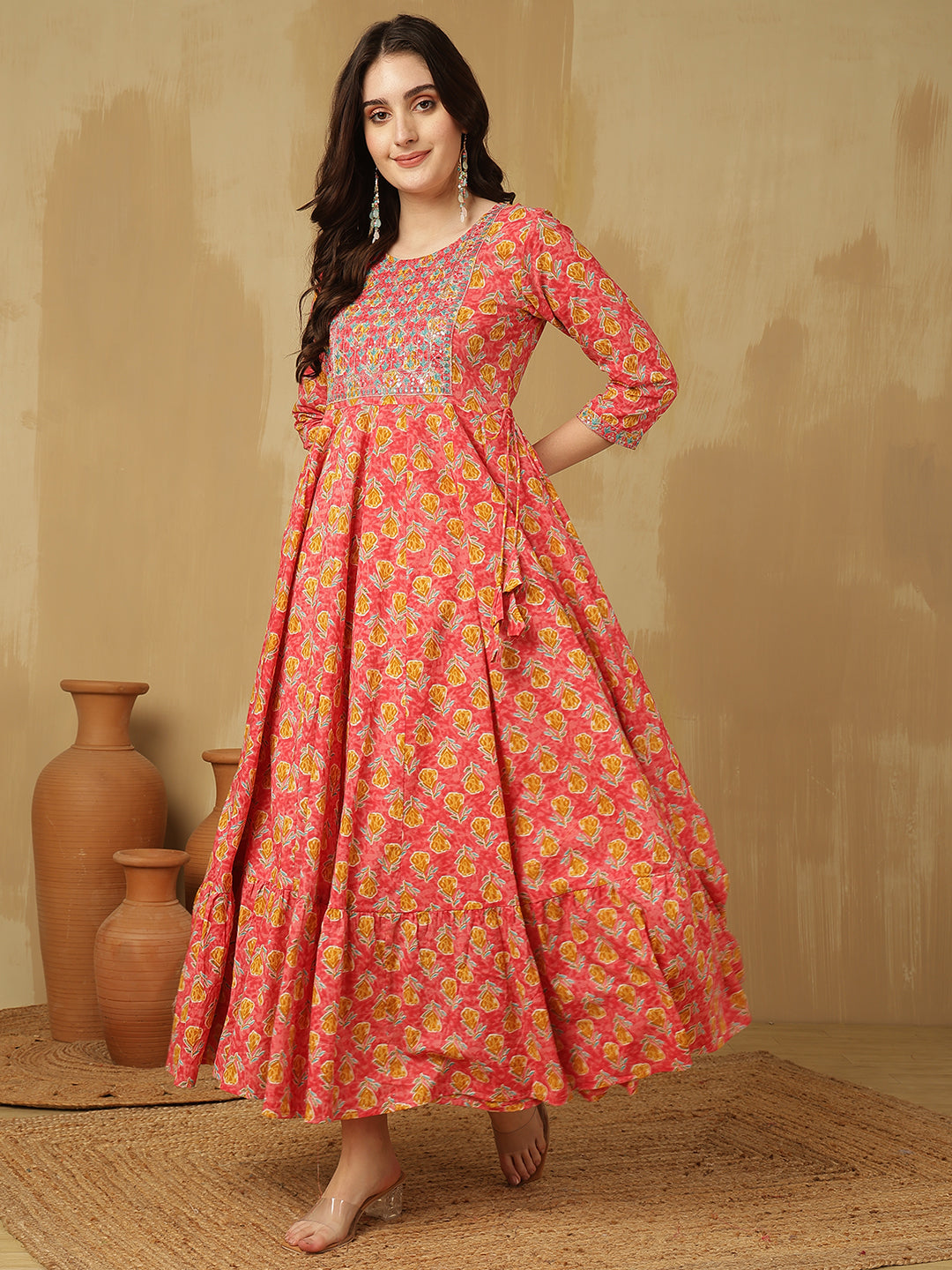Women Embroidered Cotton Printed Ankle Length Round Neck Tiered Kurta
