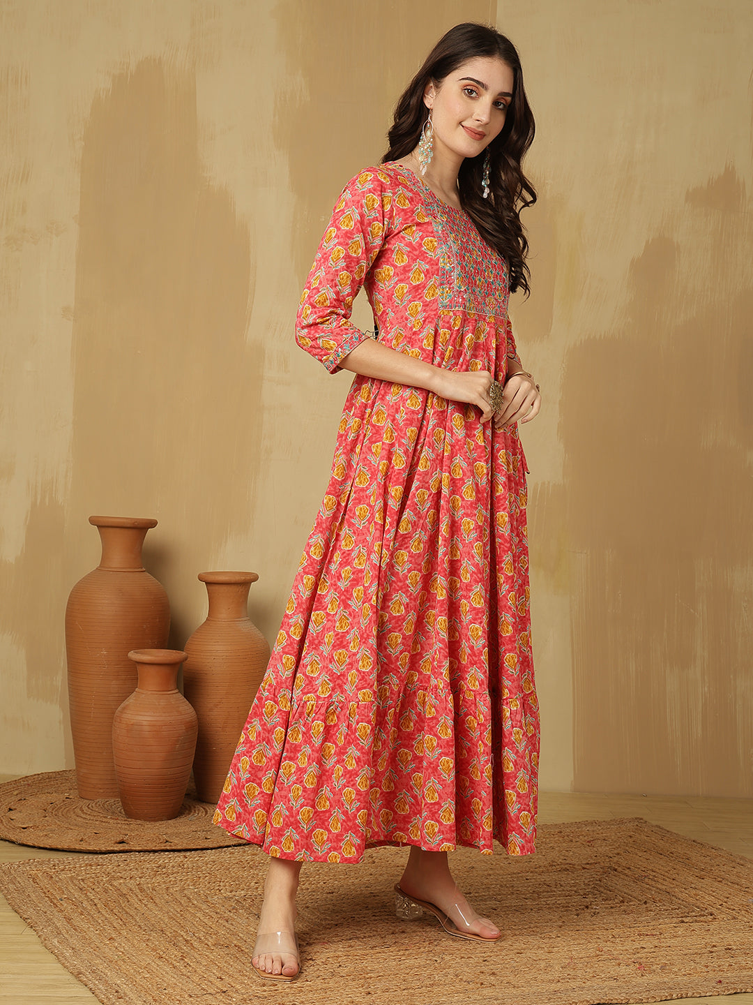 Women Embroidered Cotton Printed Ankle Length Round Neck Tiered Kurta