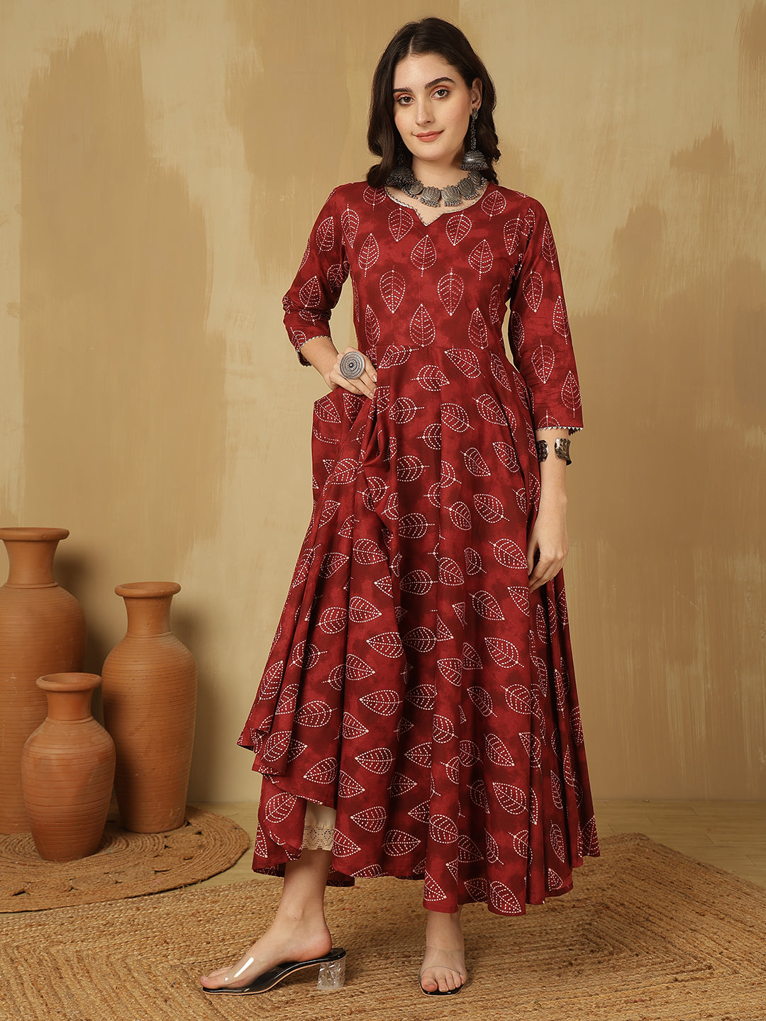 Women Cotton Printed Ankle Length V-Neck Anarkali Kurta