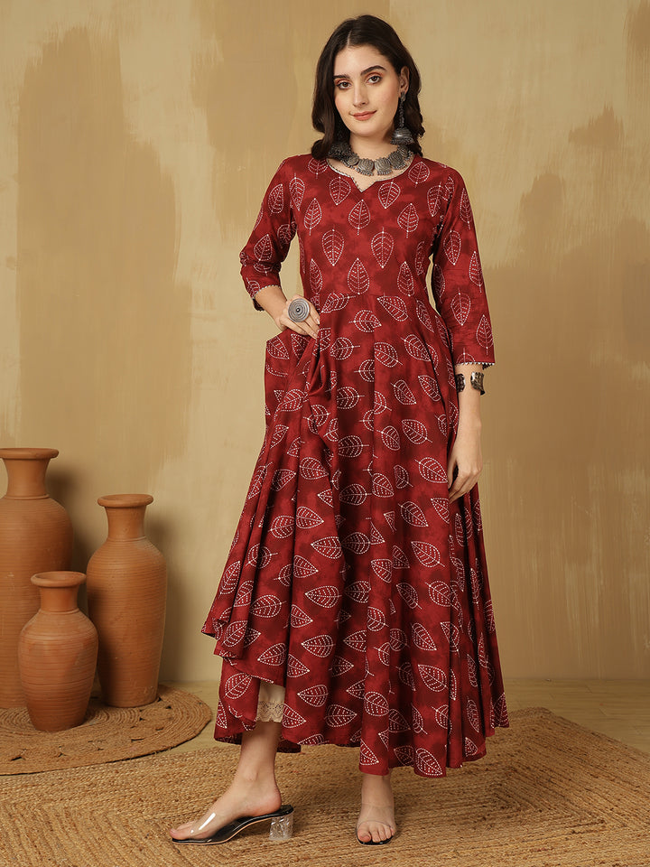 Women Cotton Printed Ankle Length V-Neck Anarkali Kurta