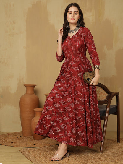 Women Cotton Printed Ankle Length V-Neck Anarkali Kurta