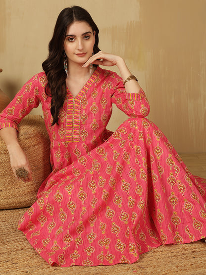 Women Cotton Printed Ankle Length V-Neck Anarkali Kurta