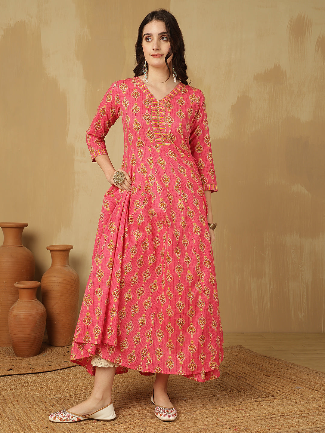 Women Cotton Printed Ankle Length V-Neck Anarkali Kurta