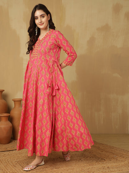 Women Cotton Printed Ankle Length V-Neck Anarkali Kurta