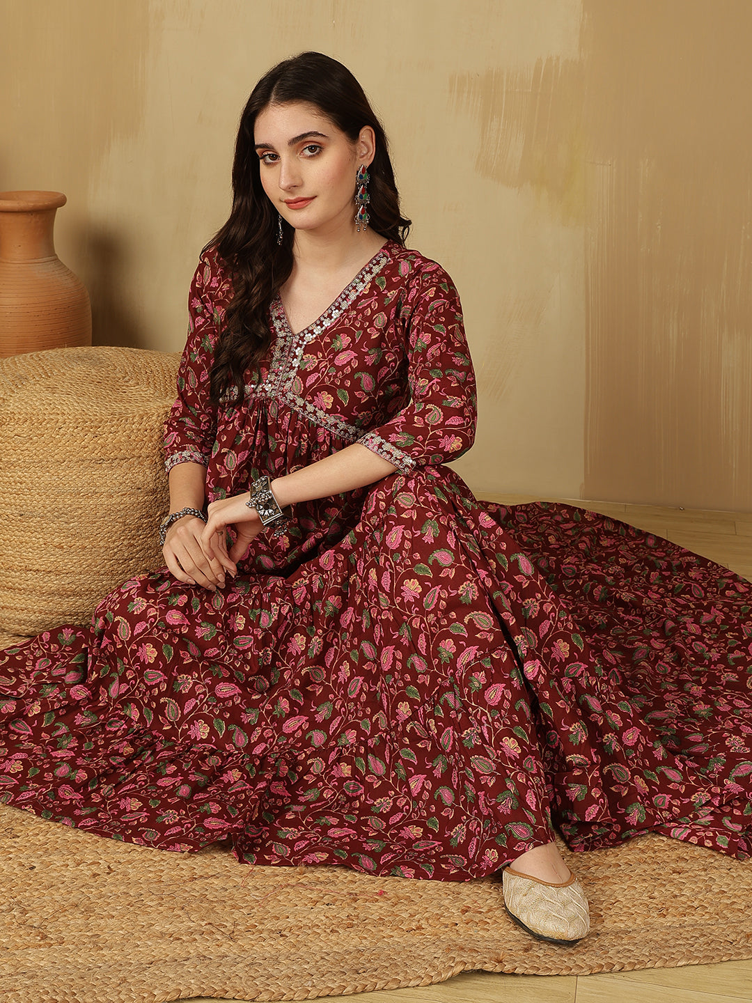 Women Embroidered Cotton Printed Ankle Length V-Neck Tiered Kurta