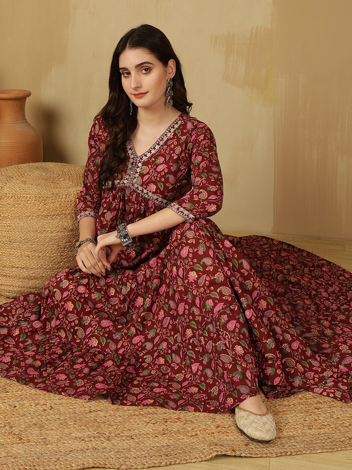 Women Embroidered Cotton Printed Ankle Length V-Neck Tiered Kurta