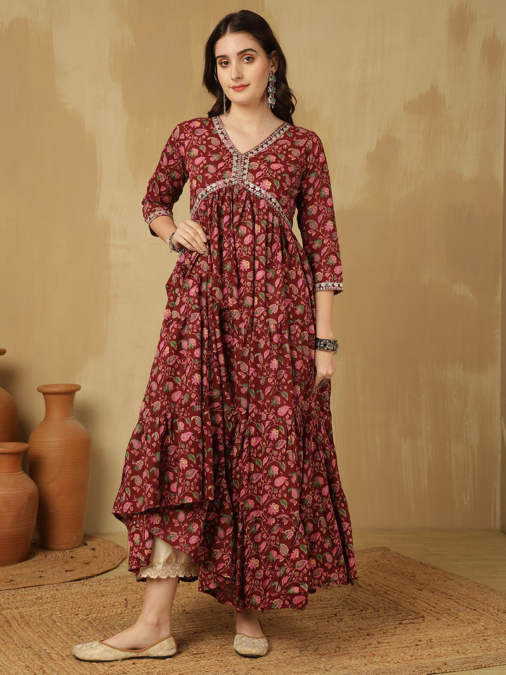 Women Embroidered Cotton Printed Ankle Length V-Neck Tiered Kurta