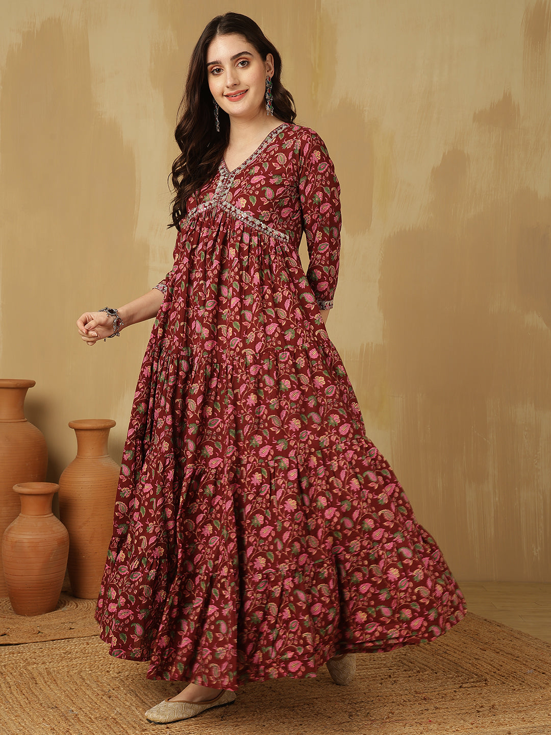 Women Embroidered Cotton Printed Ankle Length V-Neck Tiered Kurta