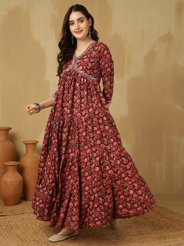 Women Embroidered Cotton Printed Ankle Length V-Neck Tiered Kurta