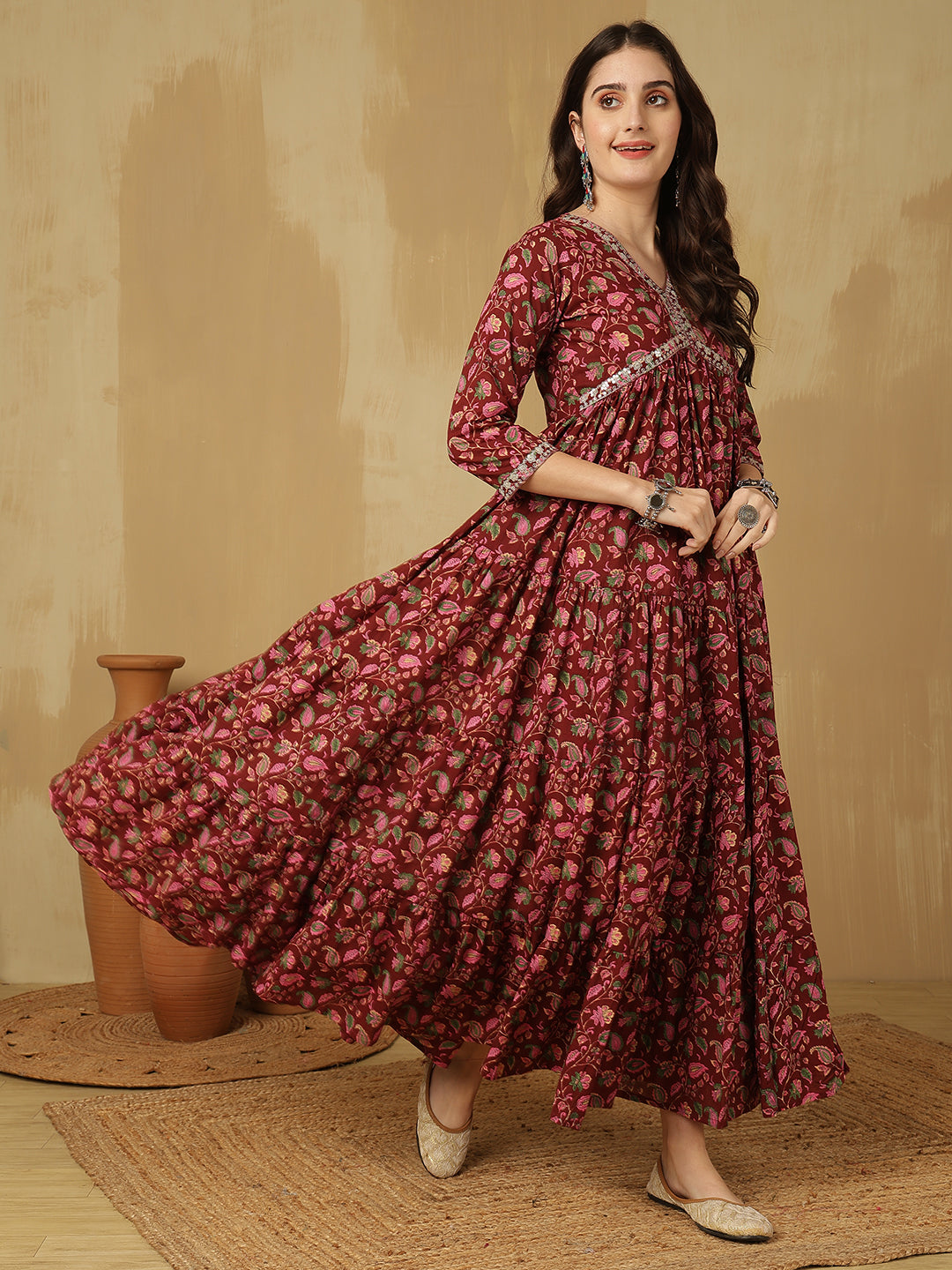 Women Embroidered Cotton Printed Ankle Length V-Neck Tiered Kurta
