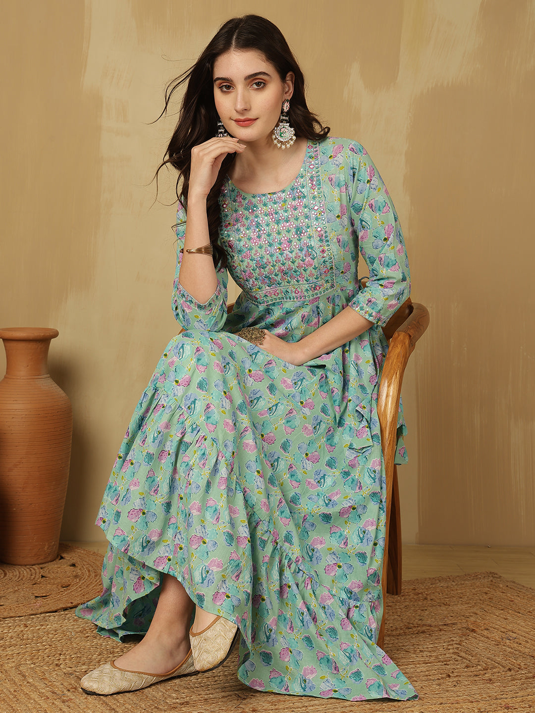 Women Embroidered Cotton Printed Ankle Length Round Neck Tiered Kurta