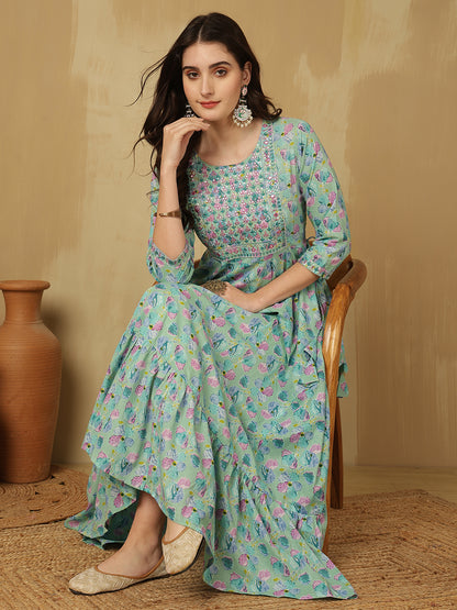 Women Embroidered Cotton Printed Ankle Length Round Neck Tiered Kurta
