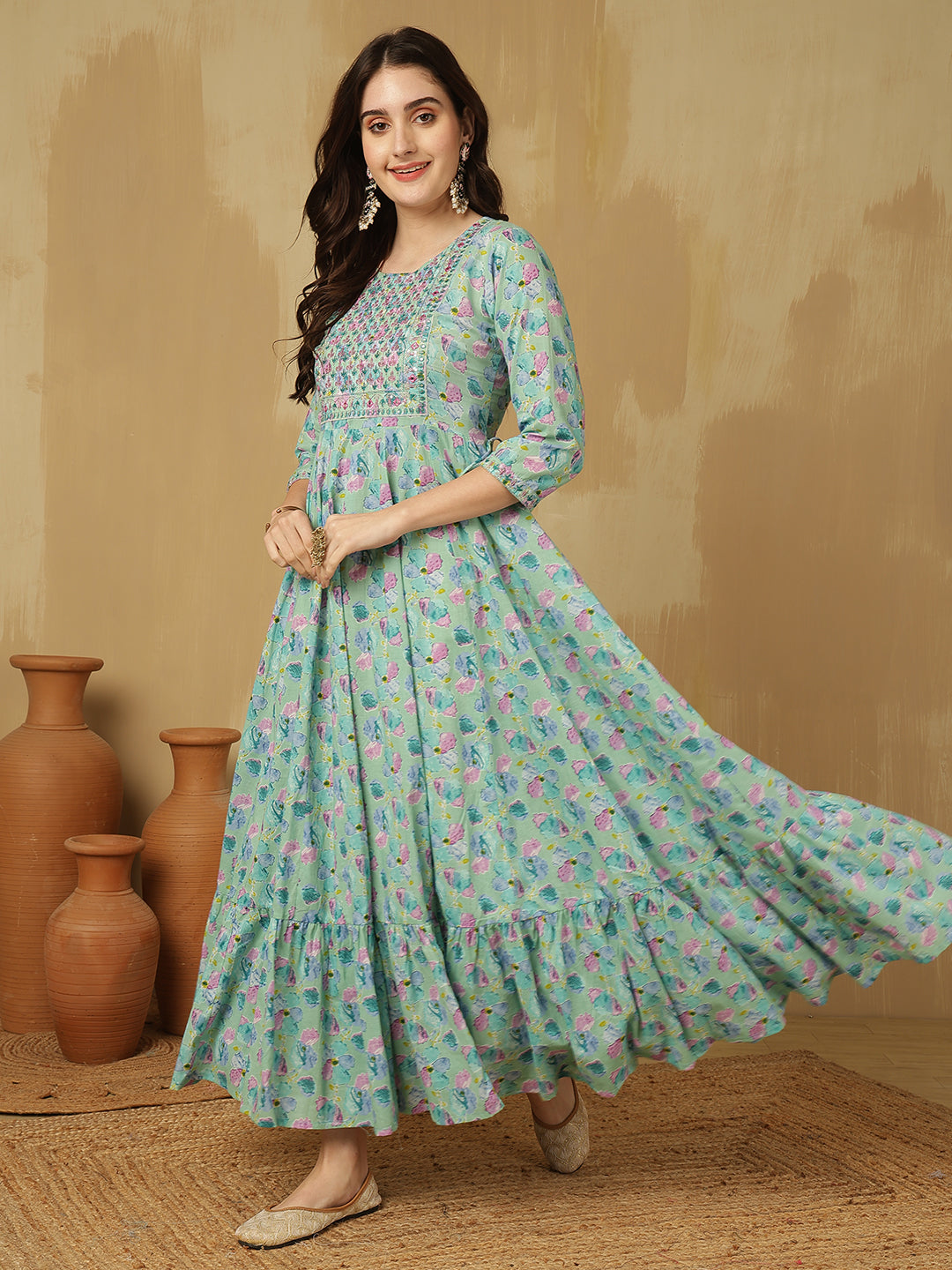 Women Embroidered Cotton Printed Ankle Length Round Neck Tiered Kurta